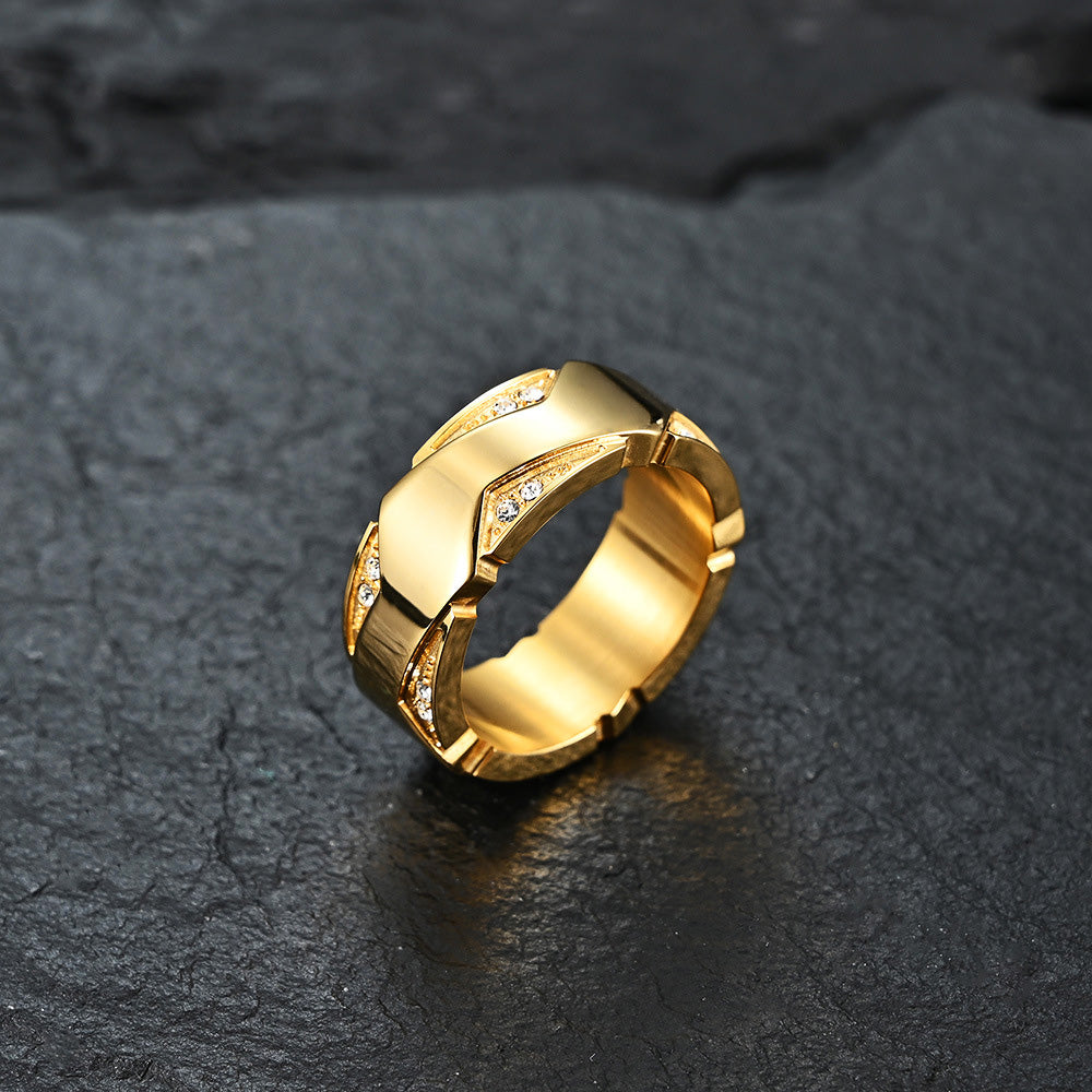Stainless Steel Geometric Crystal-Inlaid Ring