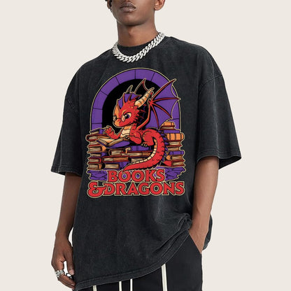 Books and Dragons Vintage Distressed T-shirt