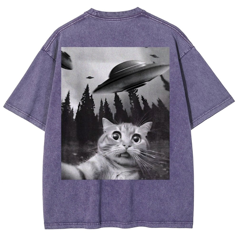 Ufo Cat Back Washed T-Shirt