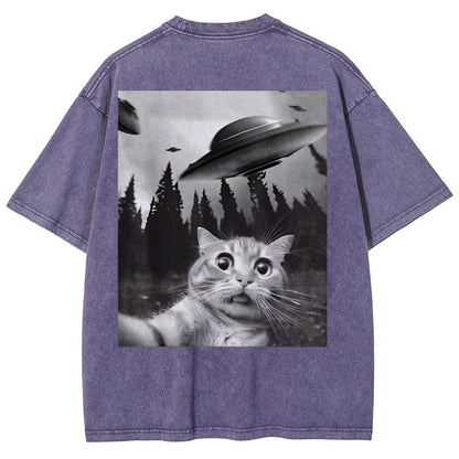 Ufo Cat Back Washed T-Shirt