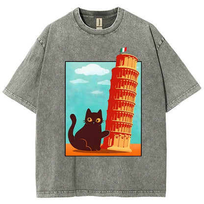 Purrfectly Tilted Funny Cat 。png Vintage Distressed T-shirt
