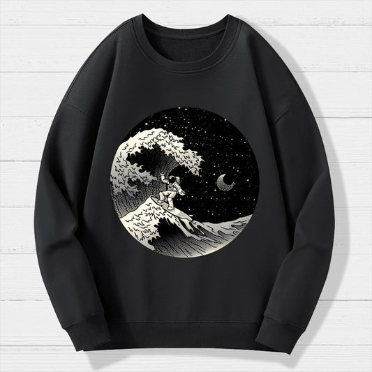 Astronaut Surfing Kanagawa Wave Geek Cotton Sweatshirt