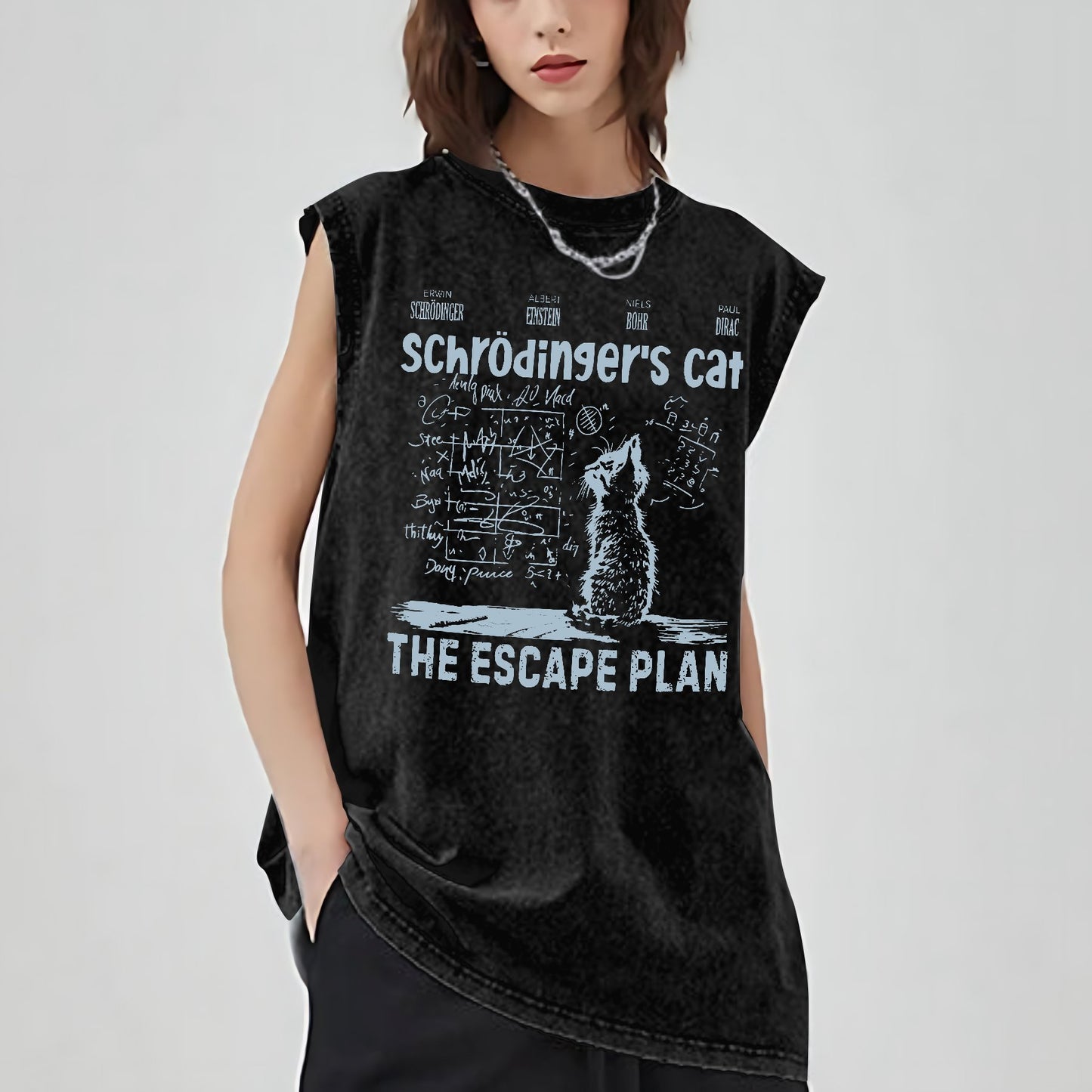 Schrodinger's Cat Escape Plan Interesting Physics Science Vintage Distressed Washed Tank