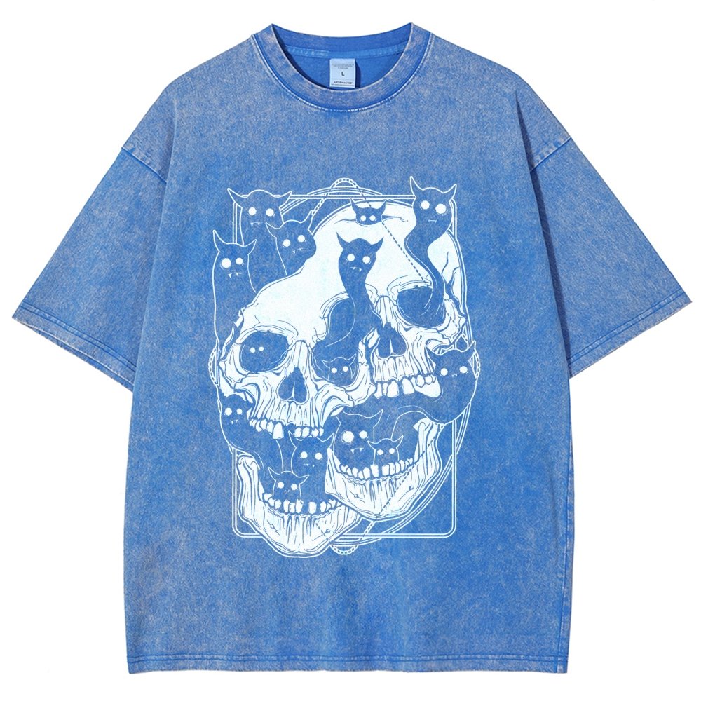 Cat Ghost Double Skull Vintage Distressed T-shirt
