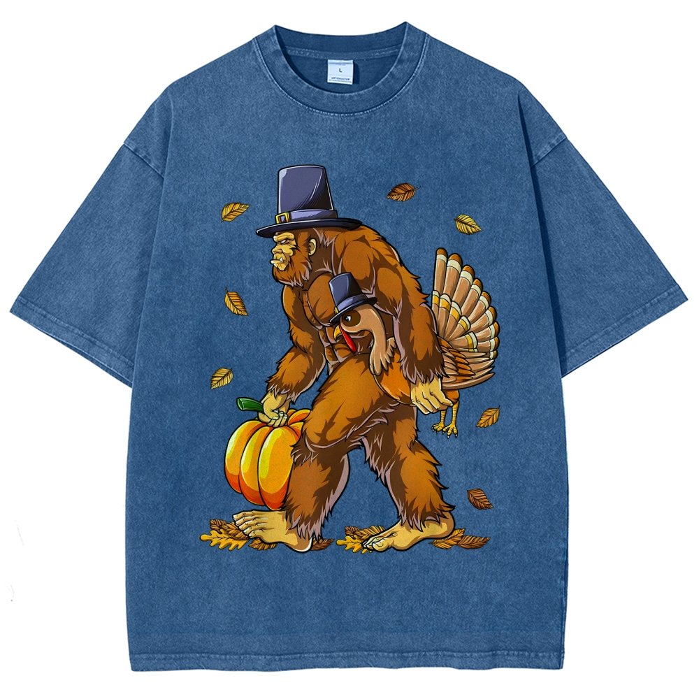 Turkey Pumpkin Thanksgiving Sasquatch Vintage Distressed T-shirt