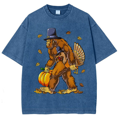 Turkey Pumpkin Thanksgiving Sasquatch Vintage Distressed T-shirt