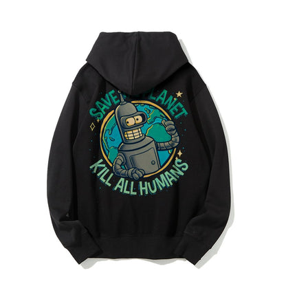 Save The Planet Kill All Humans Geek Printed Back Cotton Hoodie