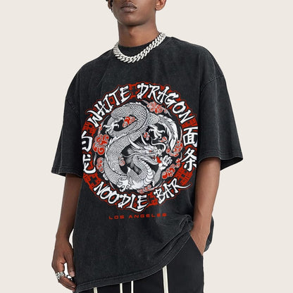 White Dragon Noodle Bar Oversized Vintage Distressed T-shirt