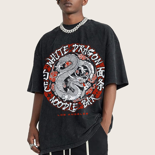 White Dragon Noodle Bar Oversized Vintage Distressed T-shirt