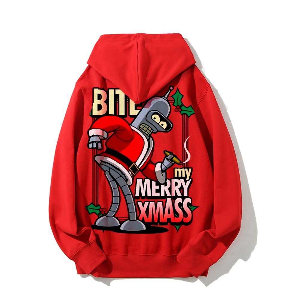 Happy Christmas From Robot Printed Back Cotton Hoodie