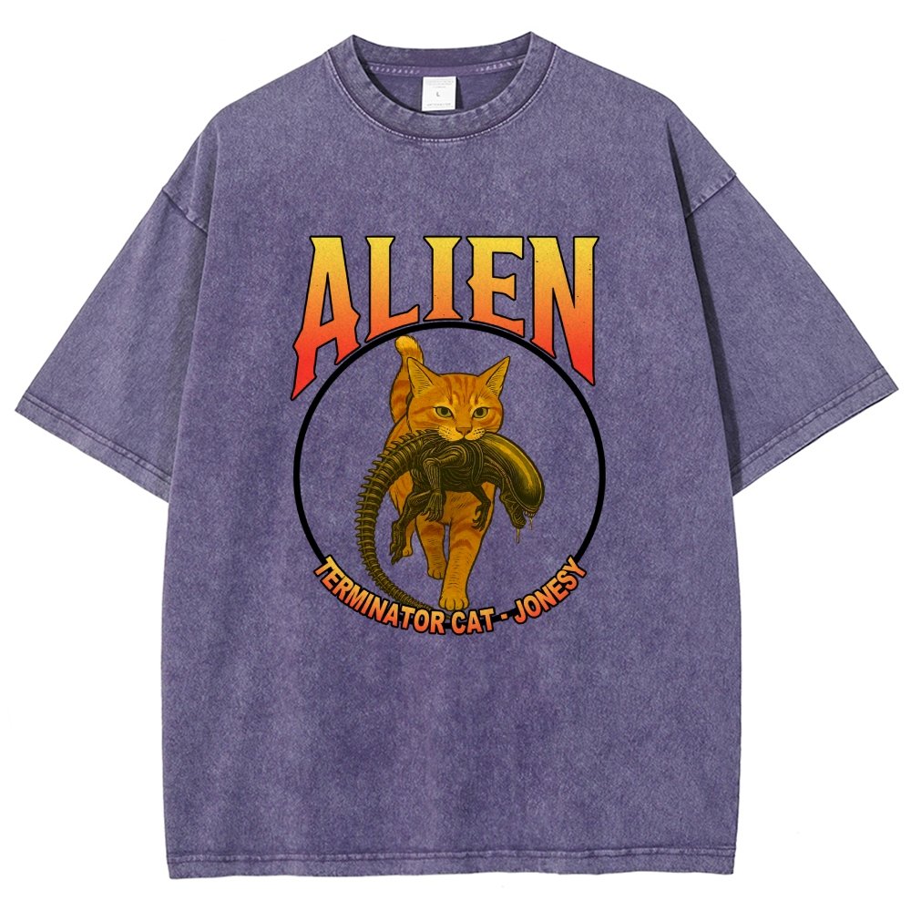 Black Cat Eating Alien Vintage Distressed T-shirt