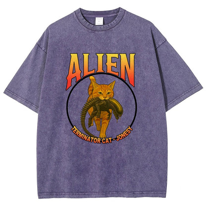 Black Cat Eating Alien Vintage Distressed T-shirt