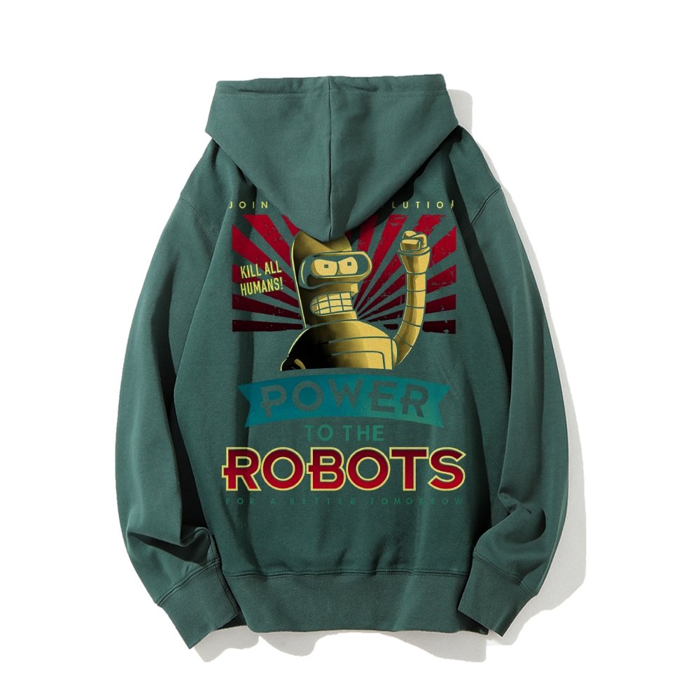 Power To The Robots Printed Back Cotton Hoodie
