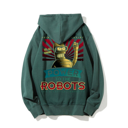 Power To The Robots Printed Back Cotton Hoodie