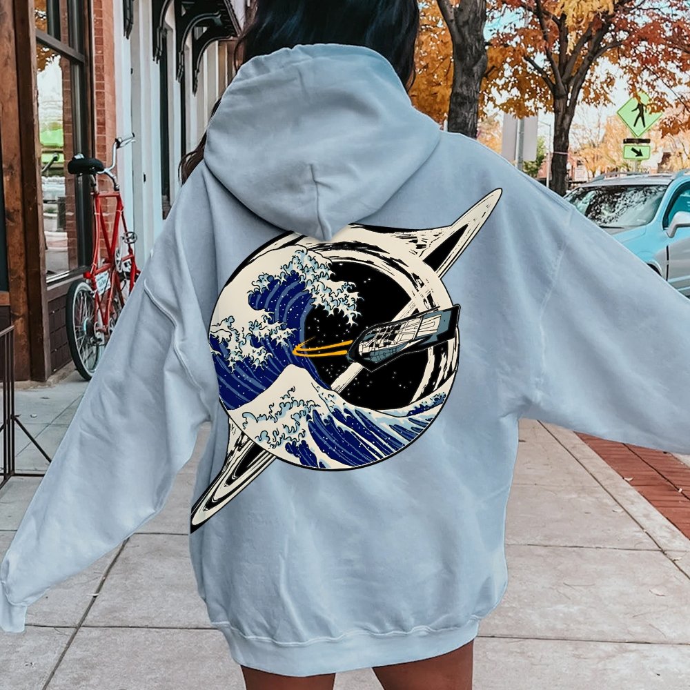 Interstellar Kanagawa Wave Printed Back Cotton Hoodie