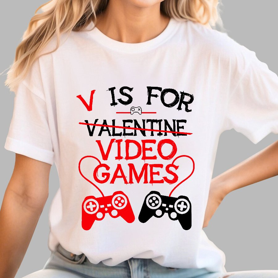 V Is For Video Games Funny Valentines Day Gamer Boy Men Gift Nerd T-Shirt