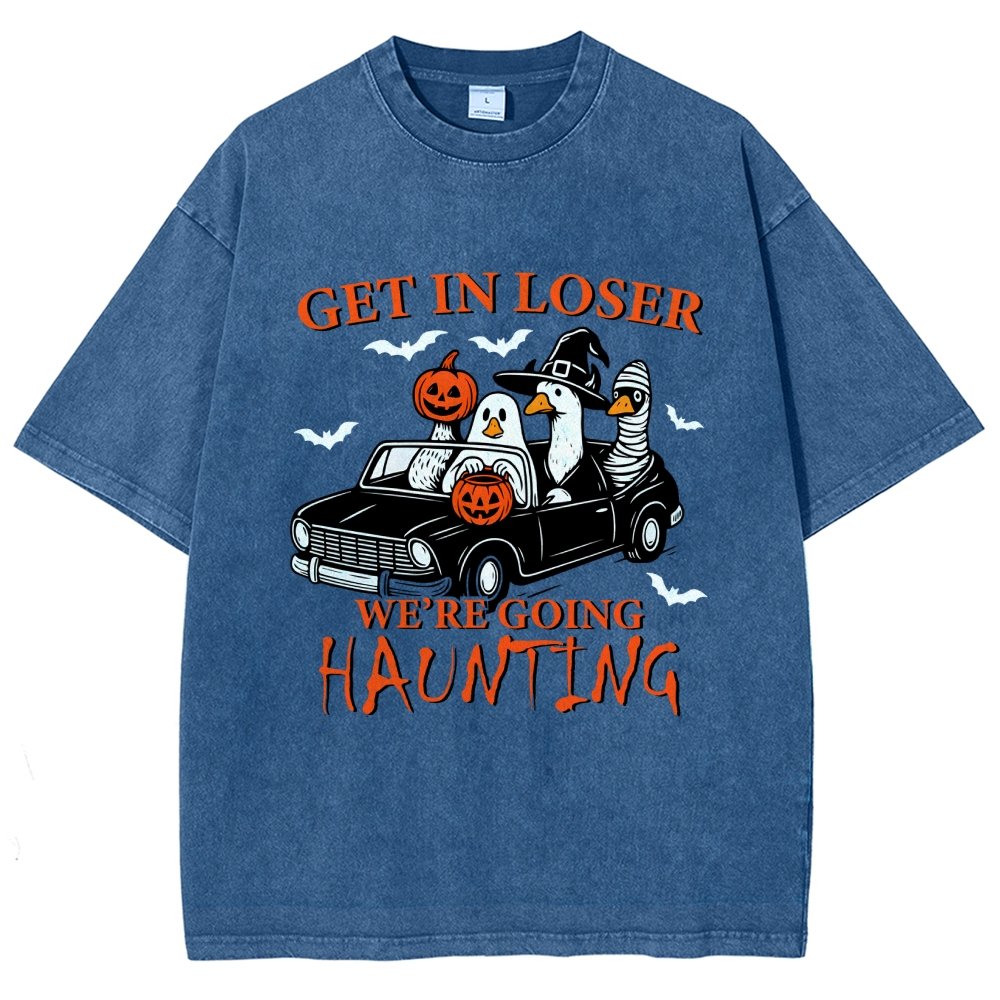 Get in Loser We’re Going Haunting Halloween Ghost Goose Vintage Distressed T-shirt