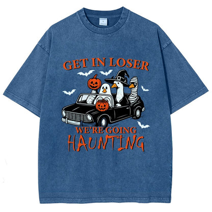 Get in Loser We’re Going Haunting Halloween Ghost Goose Vintage Distressed T-shirt