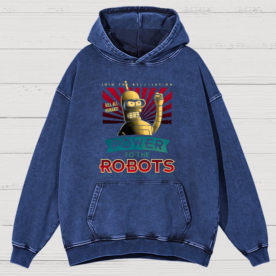 Power To The Robots Vintage Distressed Hoodie