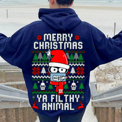 Merry Christmas Ya Filthy Animal Printed Back Cotton Hoodie