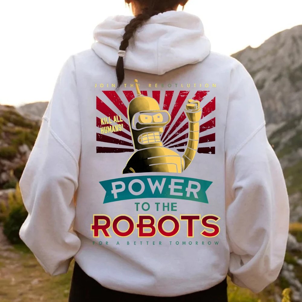 Power To The Robots Printed Back Cotton Hoodie