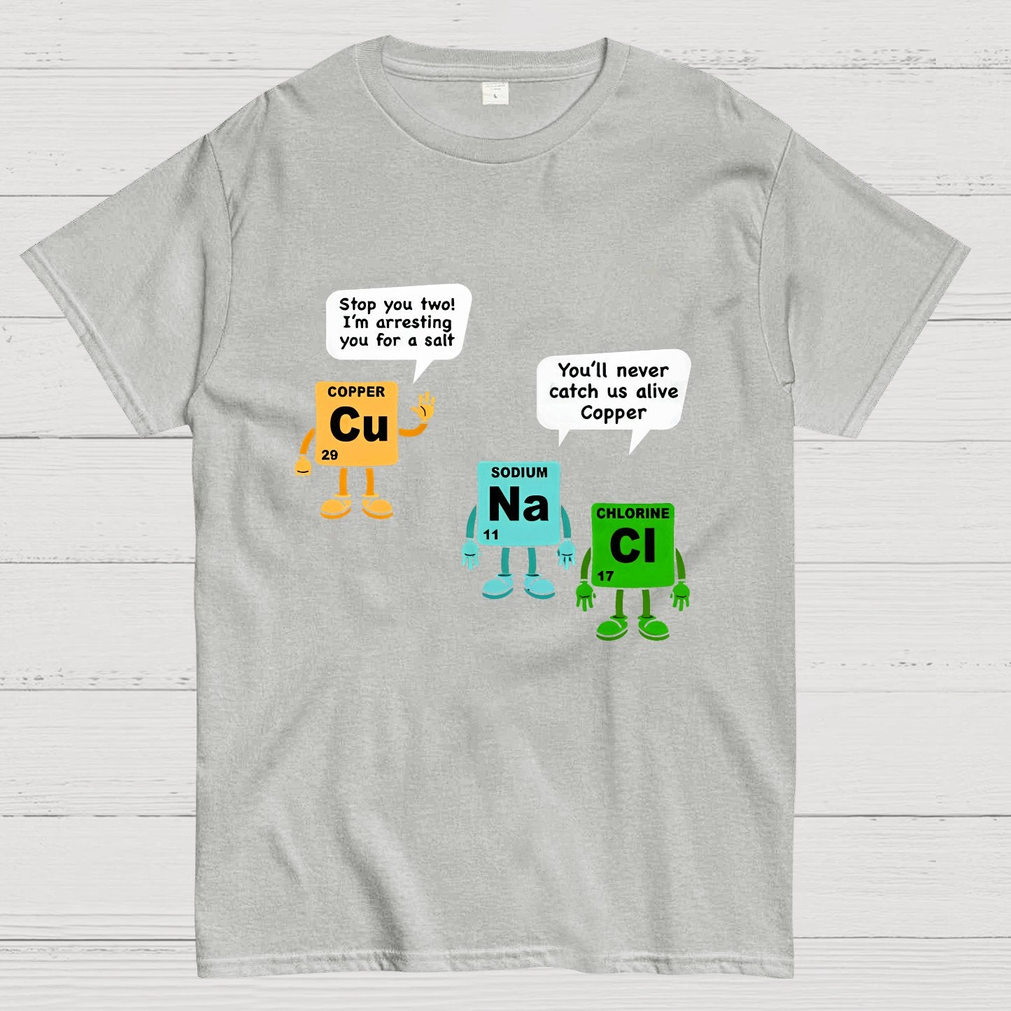 Funny Salt and Copper Periodic Table Police Pun Geeky T-Shirt