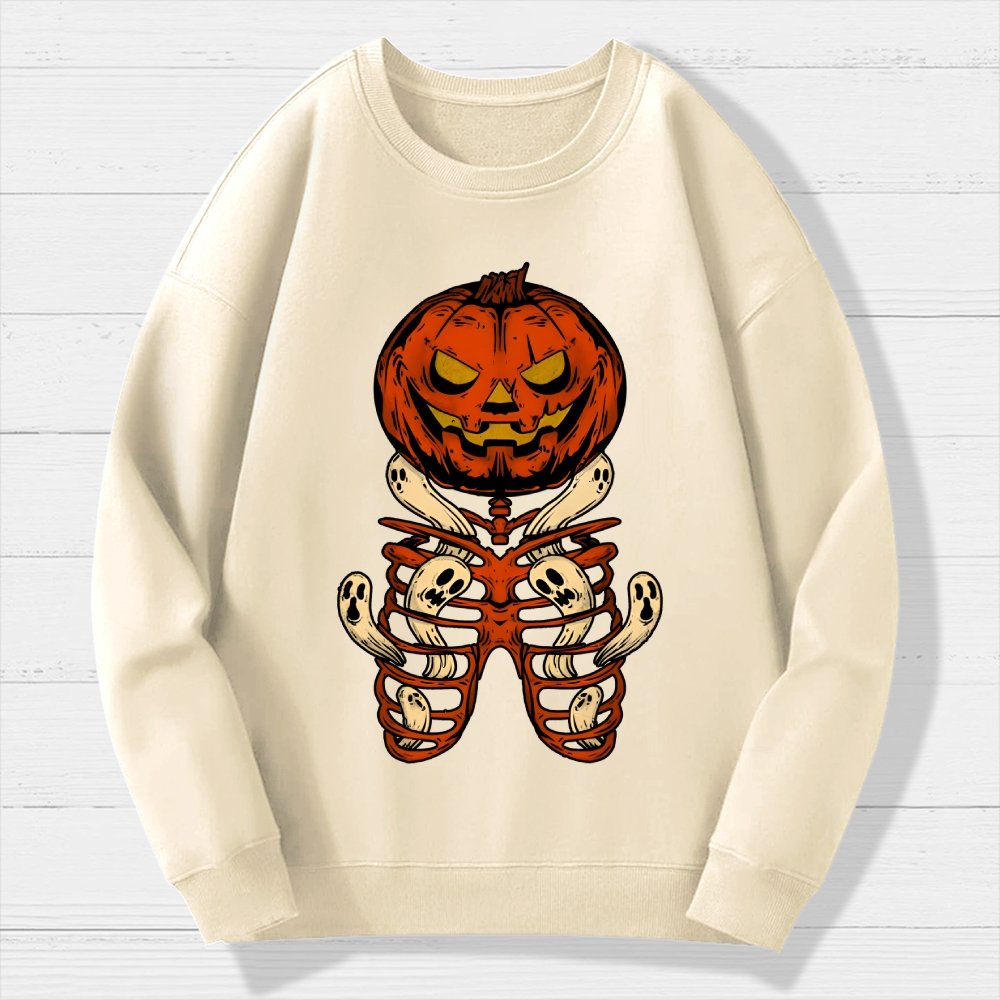 Vintage Halloween Pumpkin Skeleton Ghost Geek Cotton Sweatshirt