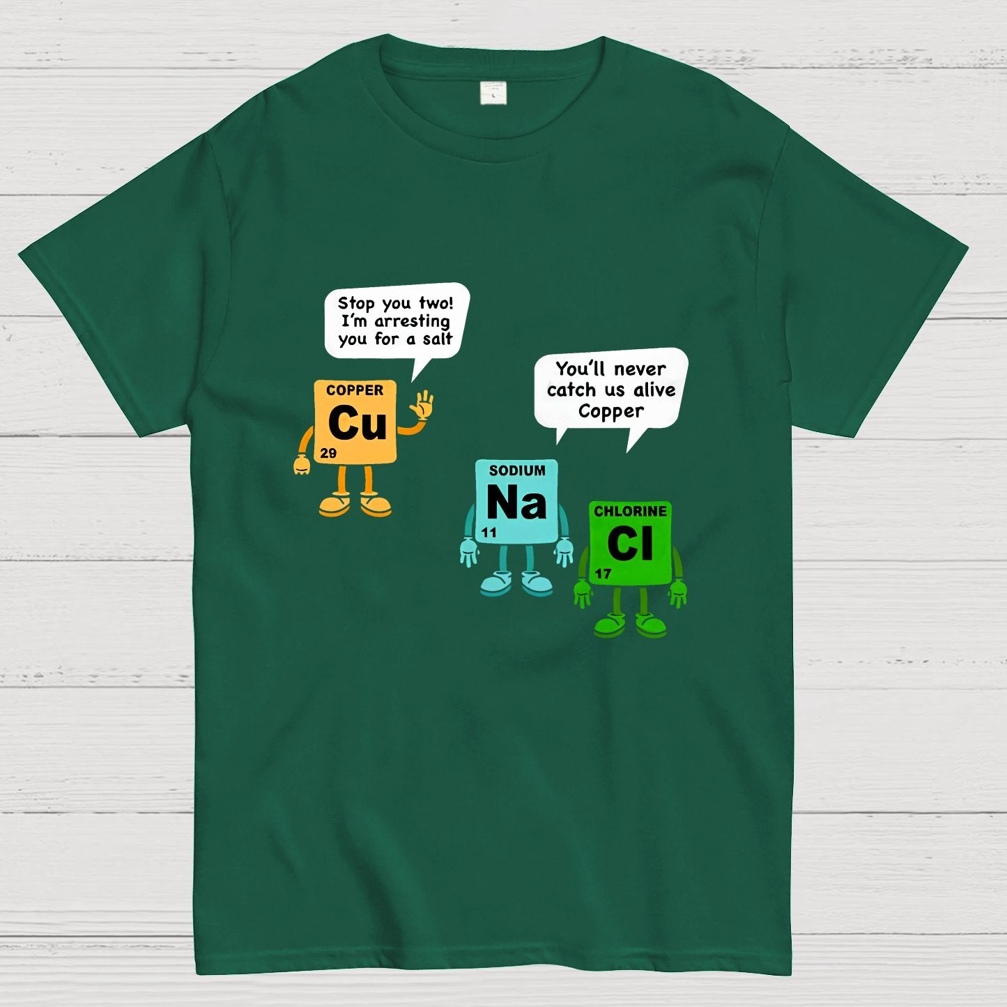 Funny Salt and Copper Periodic Table Police Pun Geeky T-Shirt