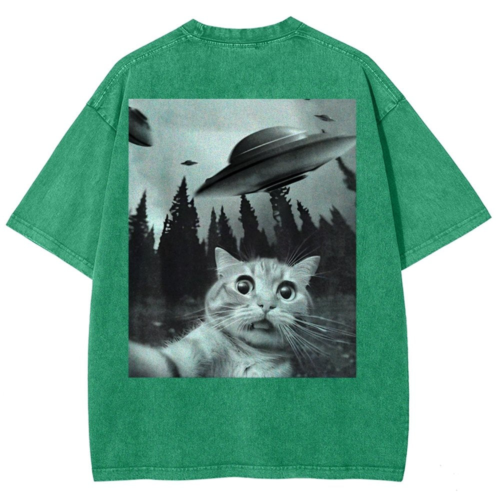 Ufo Cat Back Washed T-Shirt