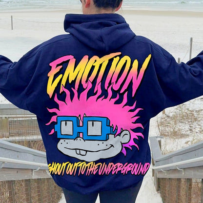 Vintage Cartoon Monster Graphic Print Printed Back Cotton Hoodie