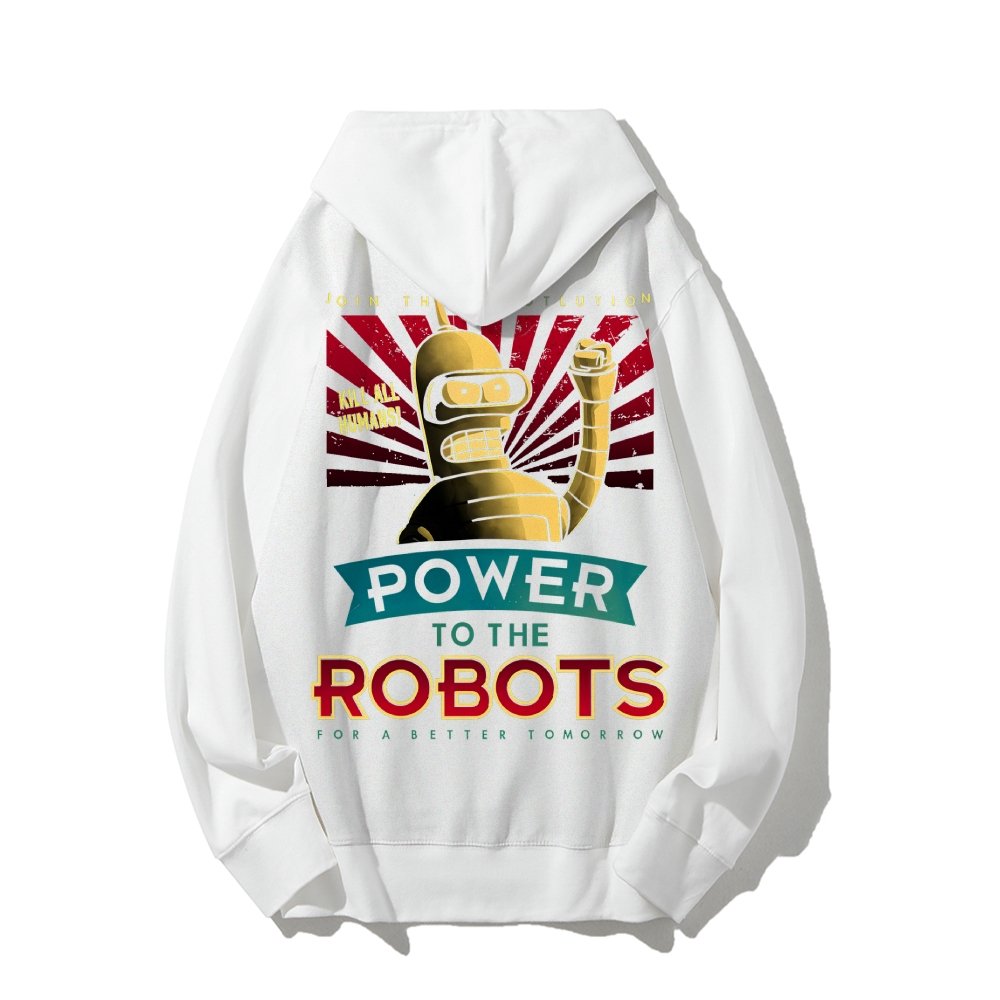 Power To The Robots Printed Back Cotton Hoodie