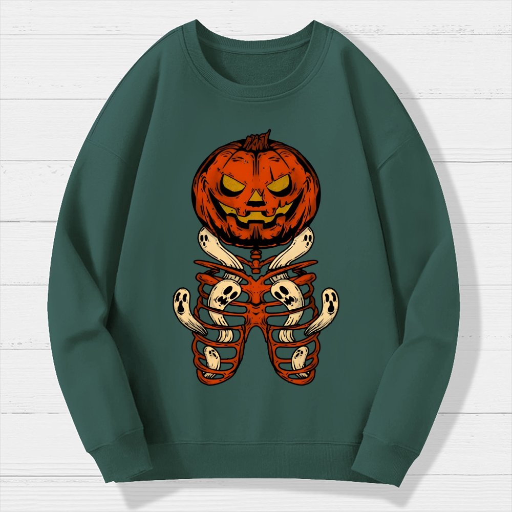 Vintage Halloween Pumpkin Skeleton Ghost Geek Cotton Sweatshirt