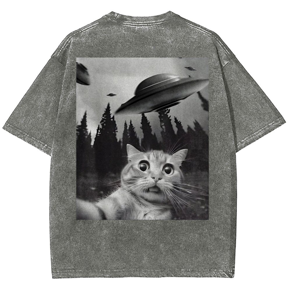 Ufo Cat Back Washed T-Shirt