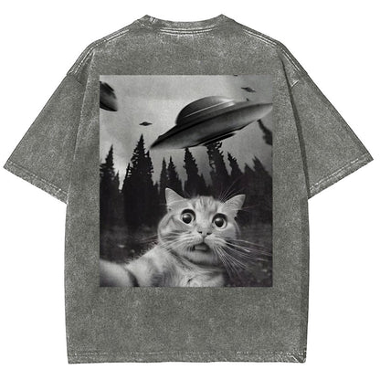 Ufo Cat Back Washed T-Shirt