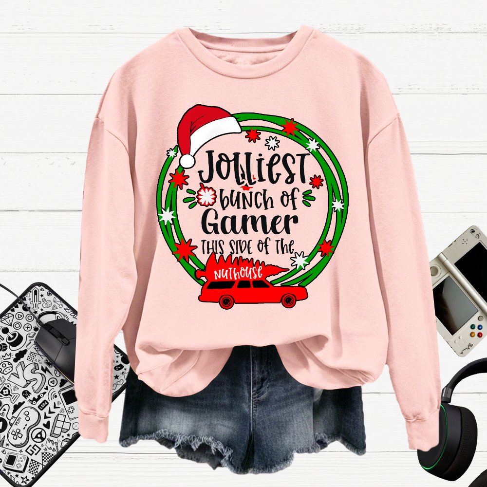 Jolliest Bunch Of Gamer Christmas Cotton Pullover Sweatshirt