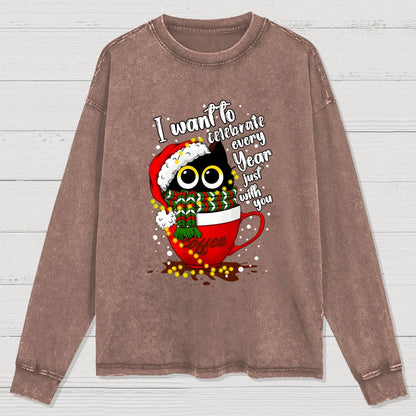 Christmas Cat Washed Long Sleeve Tee