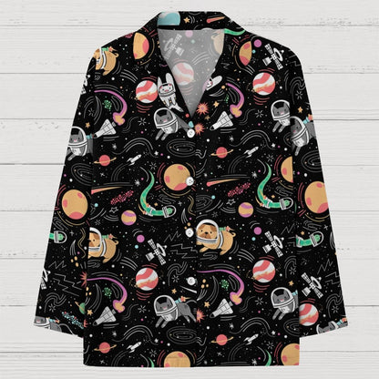Space Cat Art Print Geek Long Sleeve Pajama Set