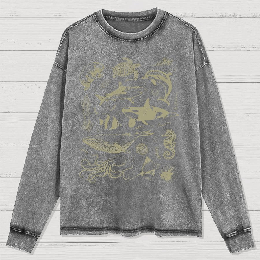 Vintage 90s Tattoo Sea Animal Washed Long Sleeve Tee