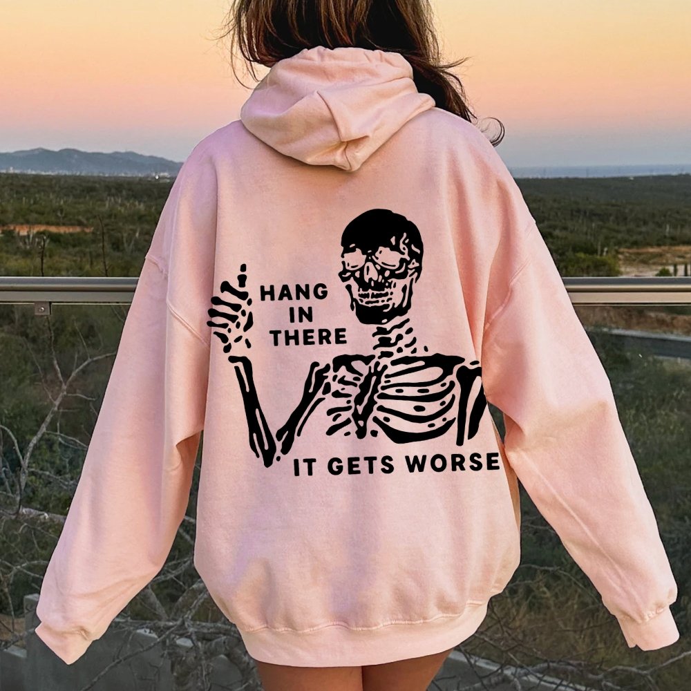 Hang In There Skeleton Printed Back Unisex Cotton Hoodie