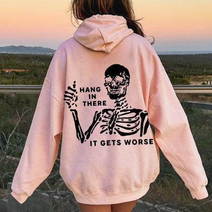 Hang In There Skeleton Printed Back Unisex Cotton Hoodie