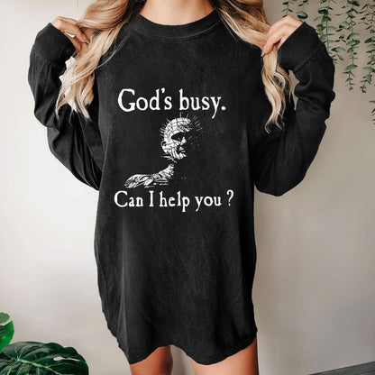 God's Busy Can I Help You? Washed Long Sleeve Tee