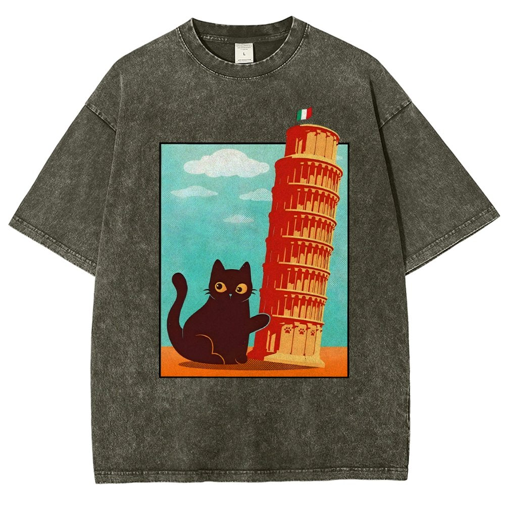 Purrfectly Tilted Funny Cat 。png Vintage Distressed T-shirt