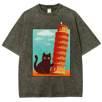 Purrfectly Tilted Funny Cat 。png Vintage Distressed T-shirt