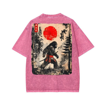 Funny Samurai Ukiyo-e Vintage Graphic Washed T-shirt