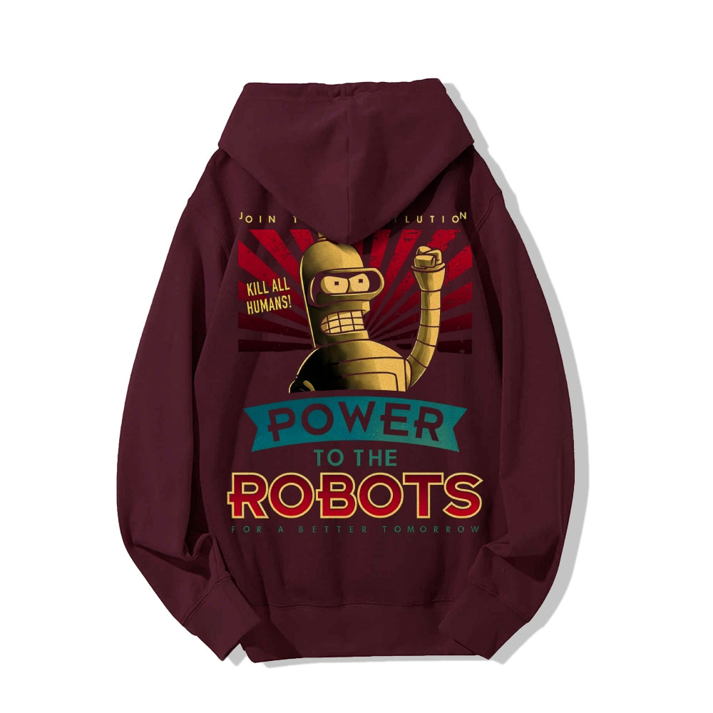 Power To The Robots Printed Back Cotton Hoodie