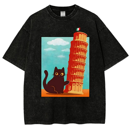 Purrfectly Tilted Funny Cat 。png Vintage Distressed T-shirt