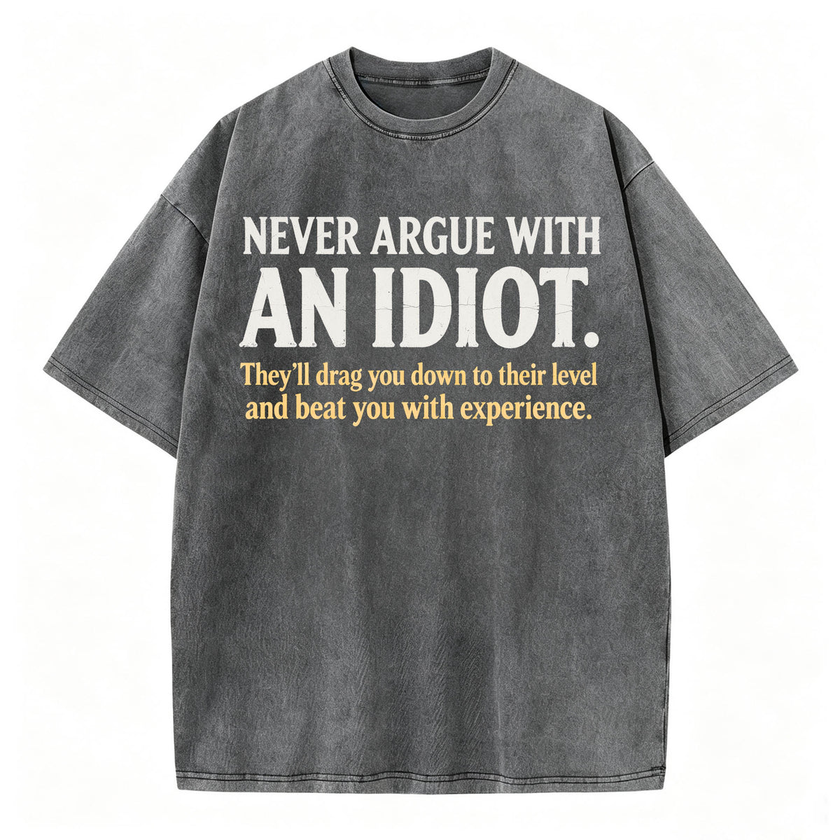 Never Argue With an Idiot — Funny Sarcastic Washed Graphic T-Shirt
