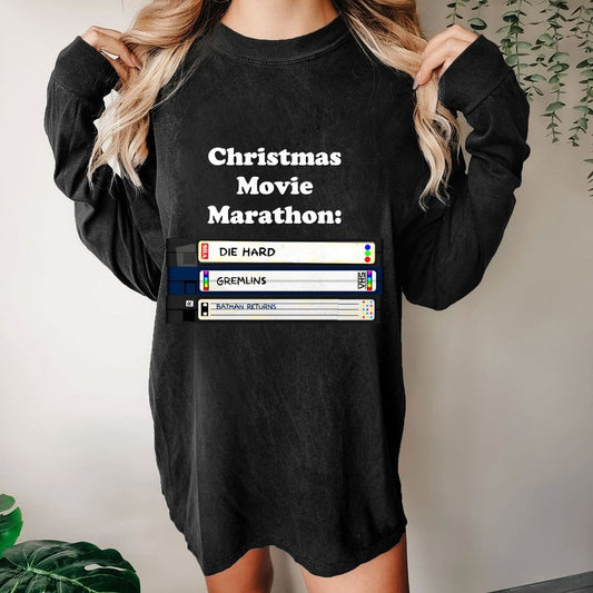 Christmas Movie Marathon Washed Long Sleeve Tee