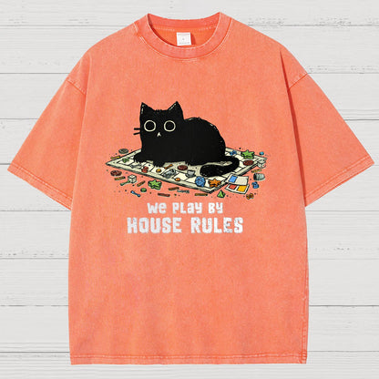 We Play By House Rules Funny Cat Vintage Distressed T-shirt