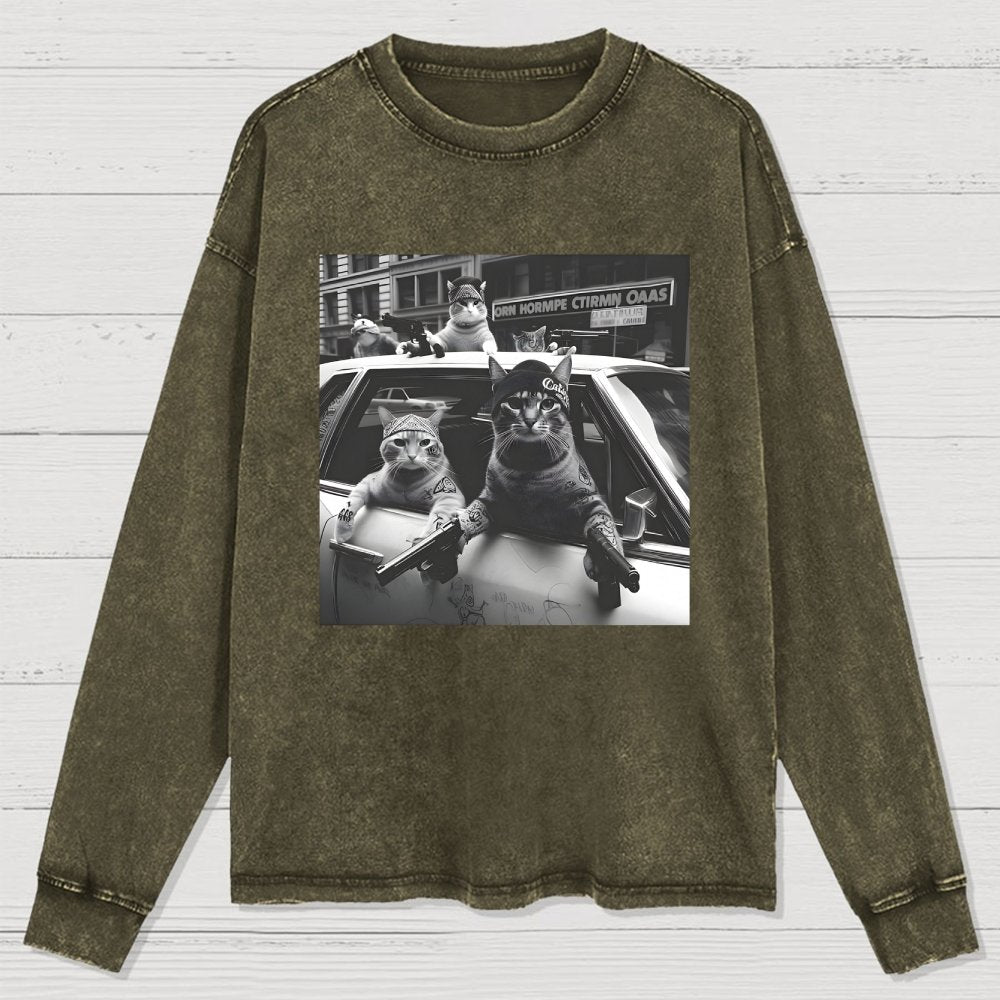 Funny Cat Gang Vintage Washed Long Sleeve Tee